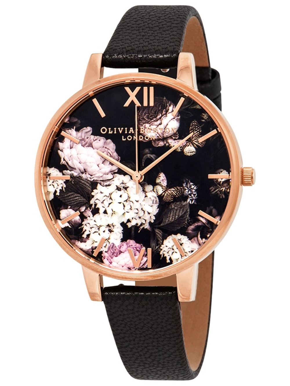OLIVIA BURTON Rose Gold Floral Dial Black Strap Watch